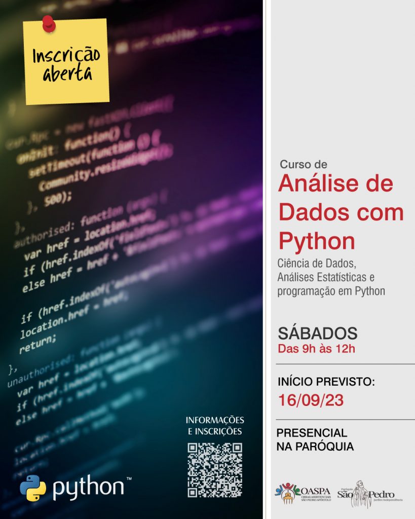 Curso de Análise de Dados com Python - presencial- Sábados das 9h às 12h - Mais informações: - 11 2211-4241